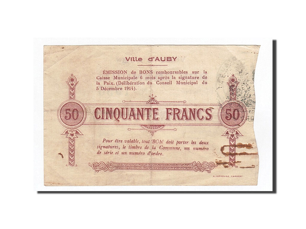 Billet, France, Auby, 50 Francs, 1914, TTB, Pirot:59-159