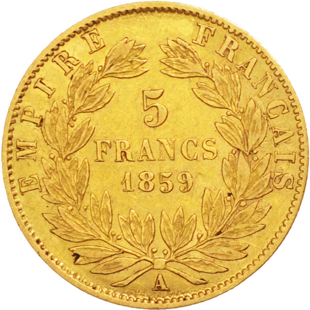 Francia, Napoleon III, Napoléon III, 5 Francs, 1859, Paris, MB+, Oro, KM:787...