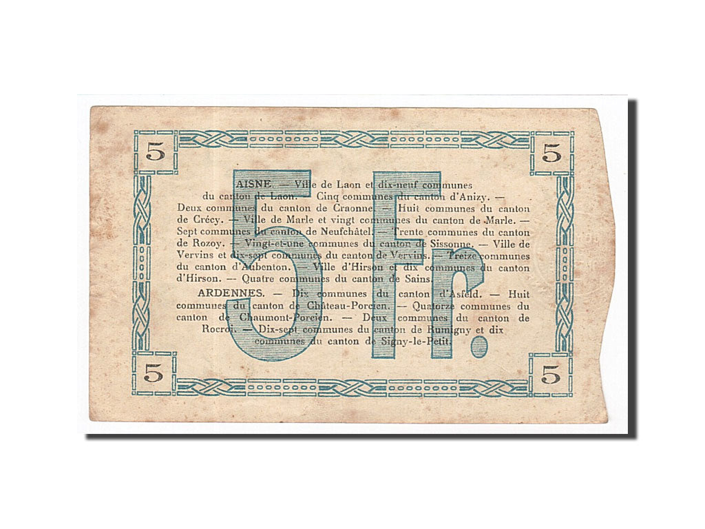 Banconote, Pirot:02-1303, BB, Laon, 5 Francs, 1915, Francia