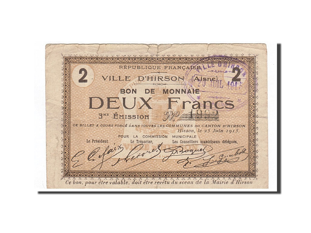 Banconote, Pirot:02-1182, BB, Hirson, 2 Francs, 1915, Francia