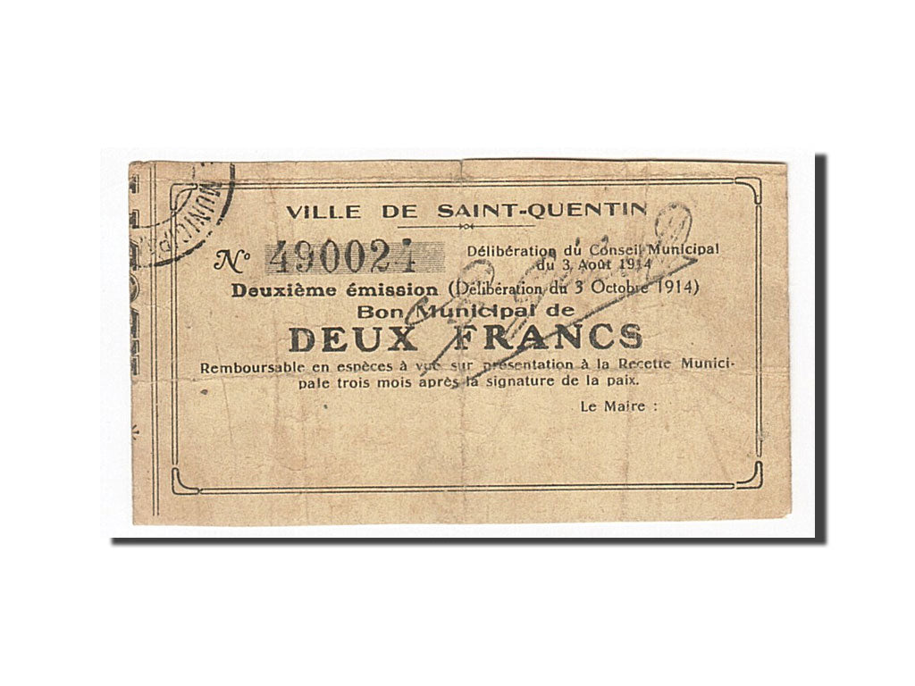 France, Saint-Quentin, 2 Francs, 1914, VF(30-35), Pirot:02-2038