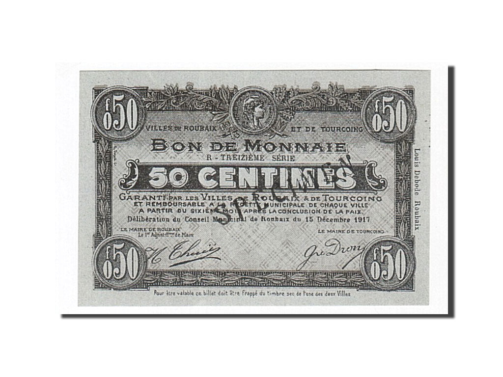 Billet, France, Roubaix et Tourcoing, 50 Centimes, 1917, SPL, Pirot:59-2211
