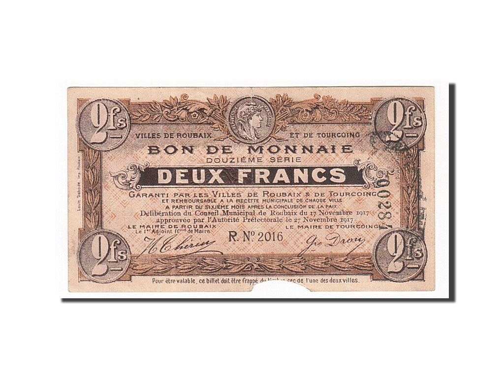 Biljet, Pirot:59-2202, 2 Francs, 1917, Frankrijk, TTB, Roubaix et Tourcoing