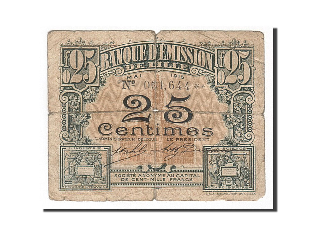 Banknote, Pirot:59-1598, 25 Centimes, 1915, France, VF(20-25), Lille
