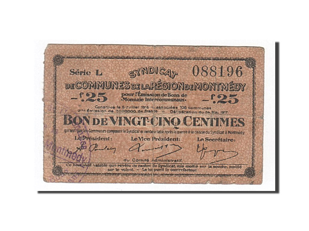 France, Montmedy, 25 Centimes, 1917, VF(20-25), Pirot:55-07