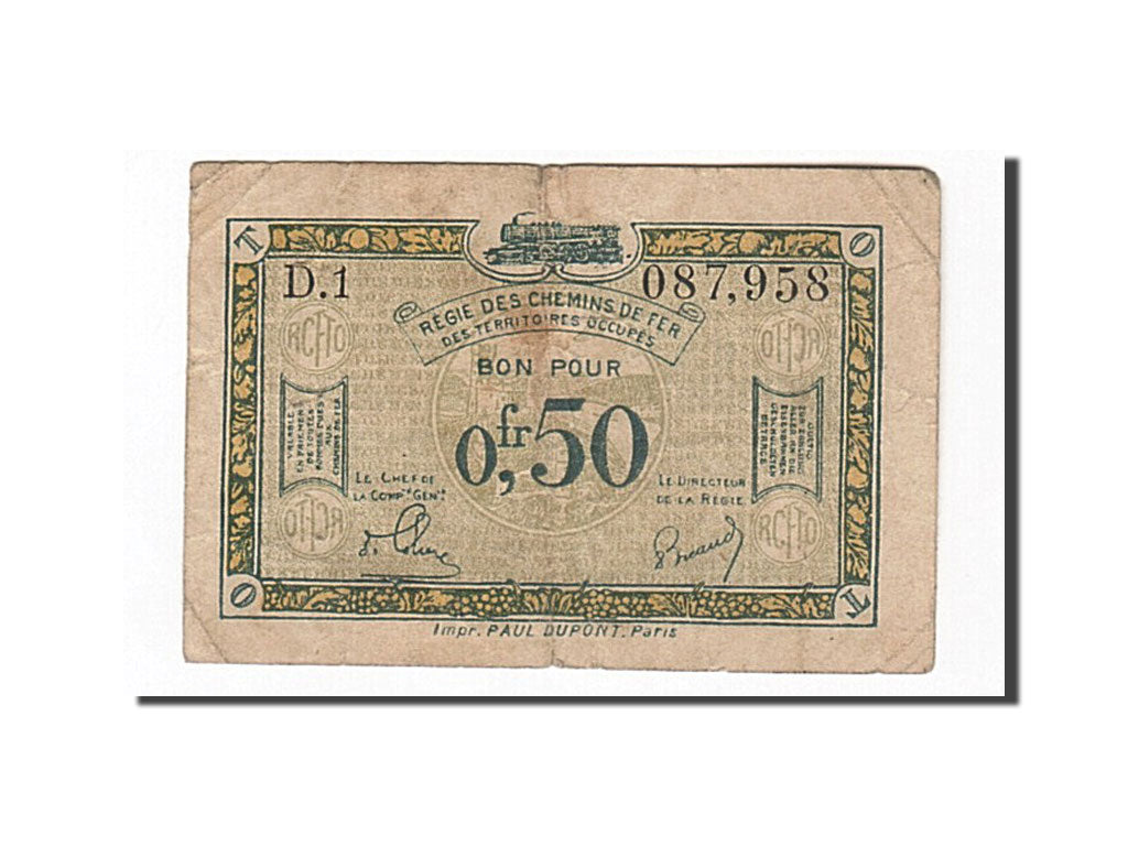 Billet, France, Régie des chemins de Fer, 50 Centimes, TB+, Pirot:135-4