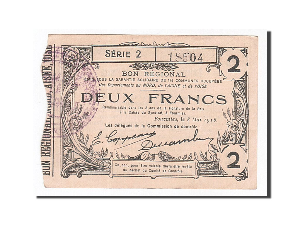 Banknote, Pirot:59-1118, 2 Francs, 1916, France, UNC(60-62), Fourmies