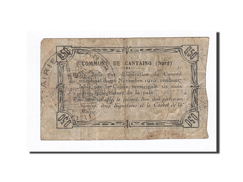 Banconote, Pirot:59-510, MB, Cantaing, 50 Centimes, 1915, Francia
