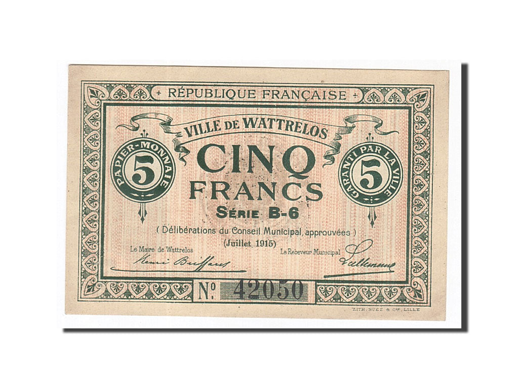 Banknote, Pirot:59-2764, 5 Francs, 1915, France, UNC(60-62), Wattrelos