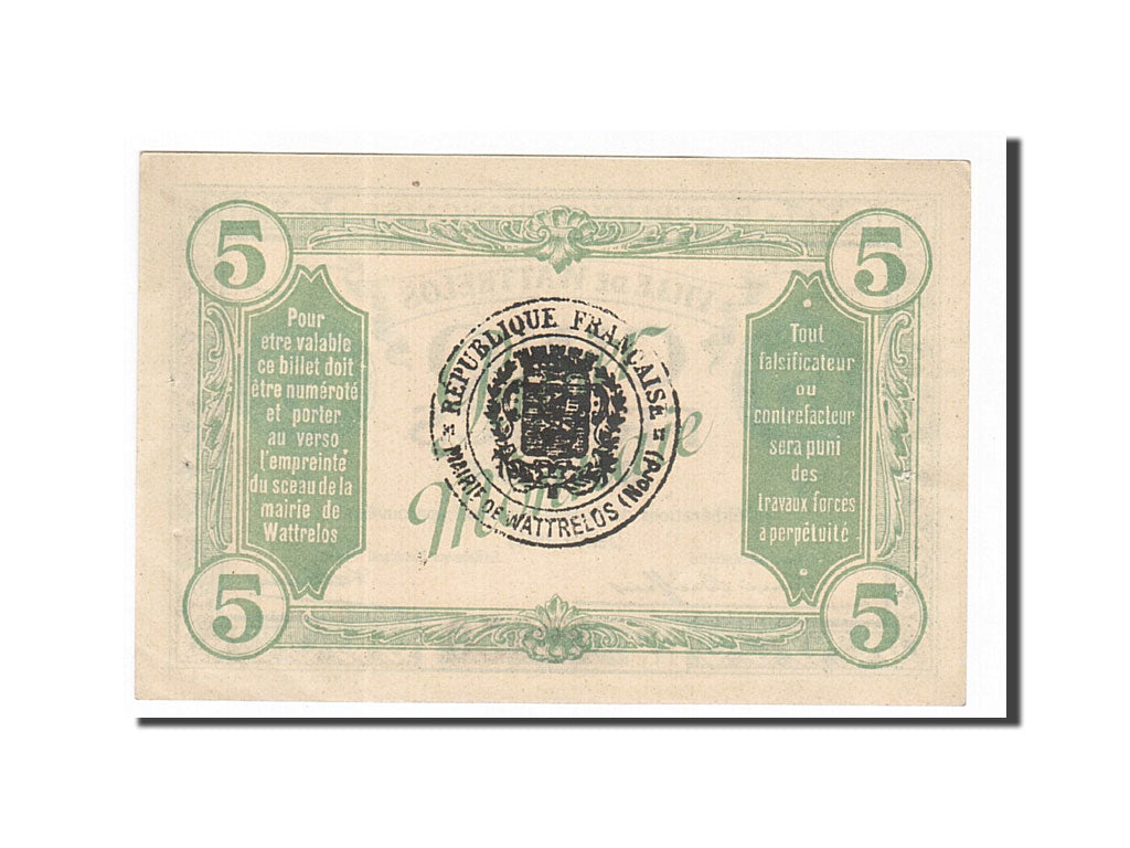 Banknote, Pirot:59-2764, 5 Francs, 1915, France, UNC(60-62), Wattrelos