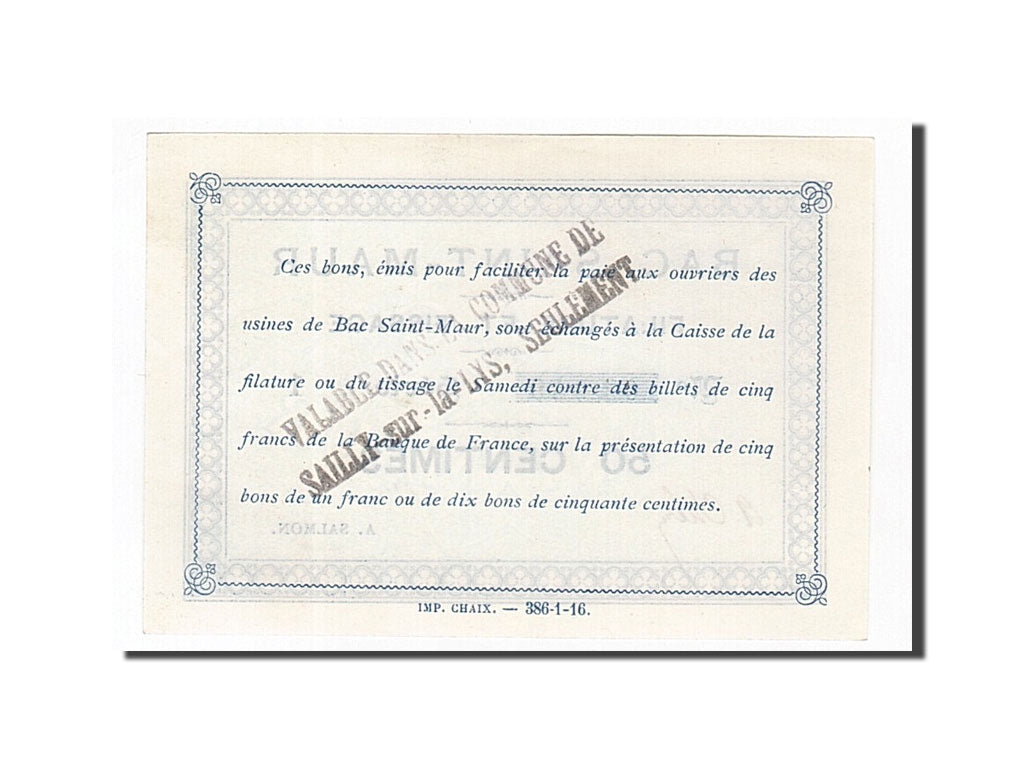 Banknote, Pirot:62-50, 50 Centimes, France, UNC(65-70), Bac Saint-Maur