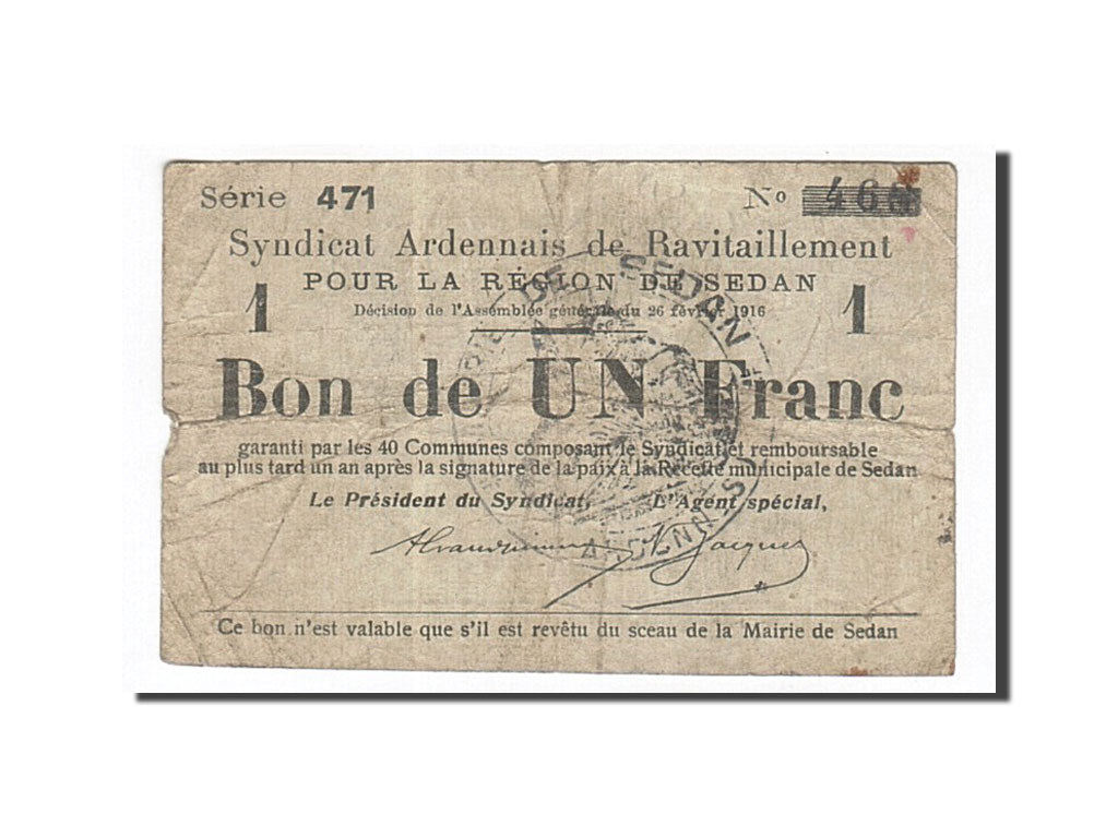 Banknote, Pirot:08-283, 1 Franc, 1916, France, VF(30-35), Sedan