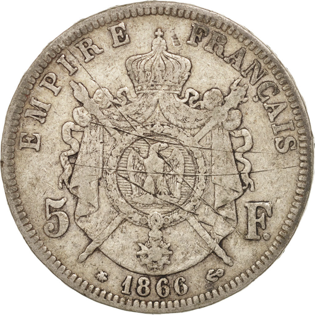 Francia, Napoleon III, Napoléon III, 5 Francs, 1866, Paris, B+, Argento, KM:...