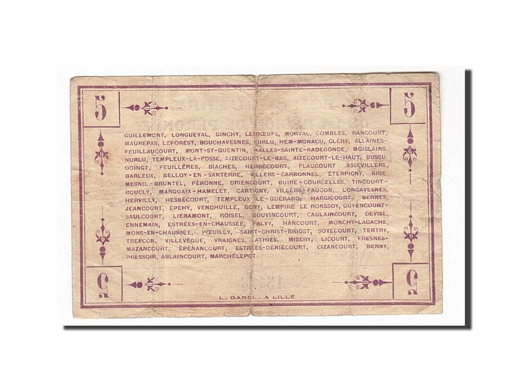 France, Peronne, 5 Francs, 1915, EF(40-45), Pirot:80-416