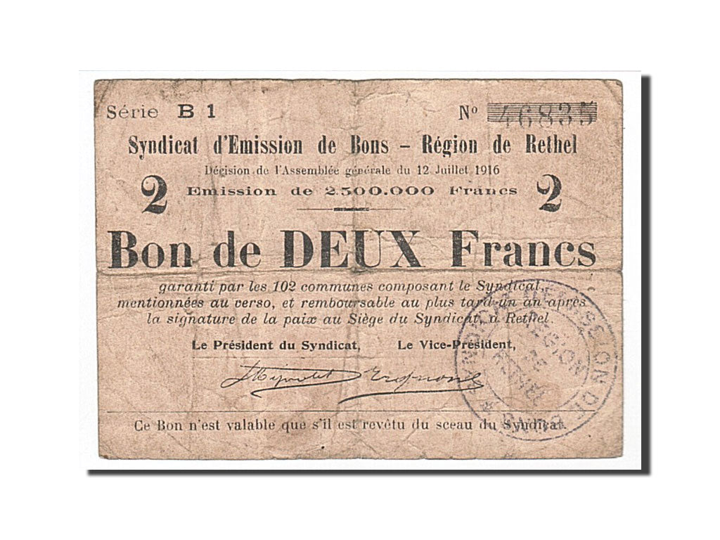 Billete, 2 Francs, Pirot:08-168, 1916, Francia, BC, Rethel
