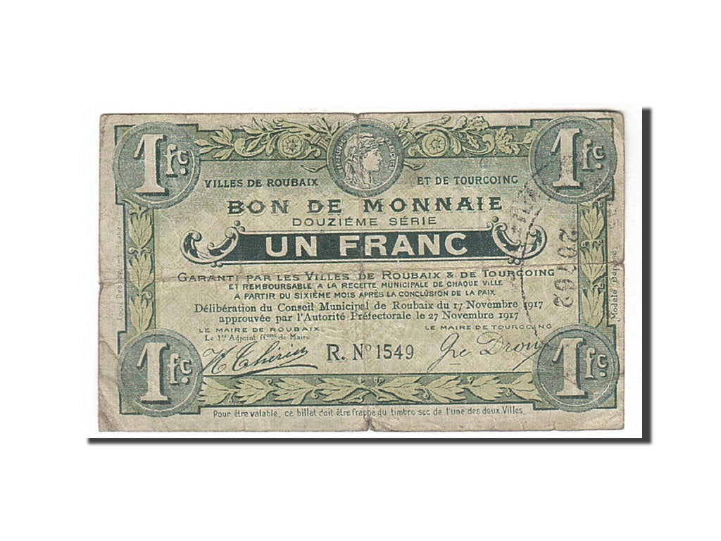 Billet, France, Roubaix et Tourcoing, 1 Franc, 1917, TB, Pirot:59-2200