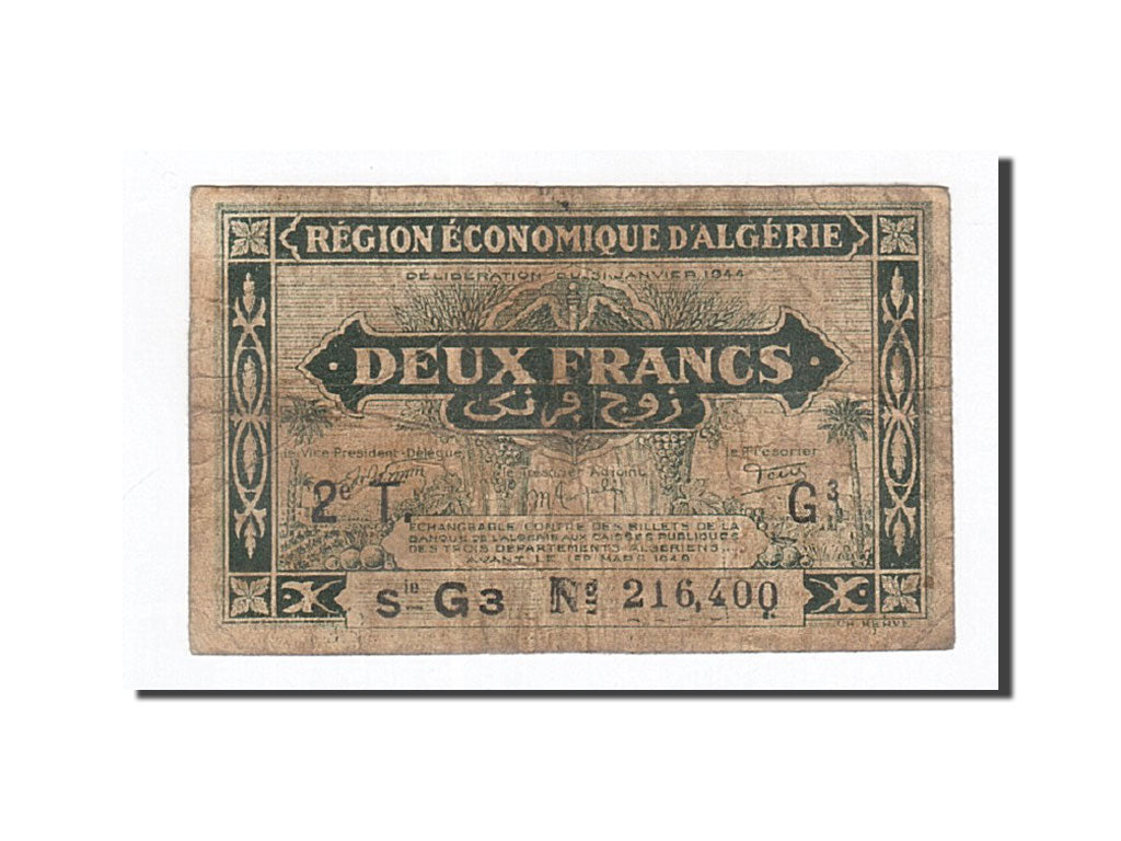 Algeria, 2 Francs, 1944, 1944-01-31, KM:102, VF(20-25)