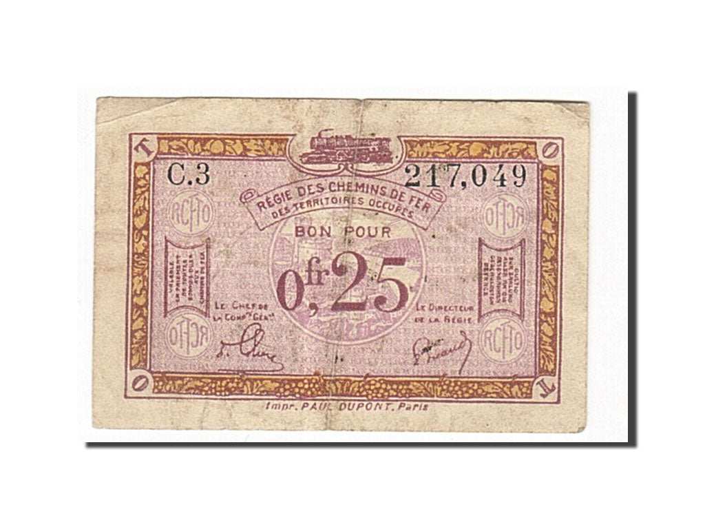 Banknot, Francja, Régie des chemins de Fer, 25 Centimes, EF(40-45), Pirot:135-3