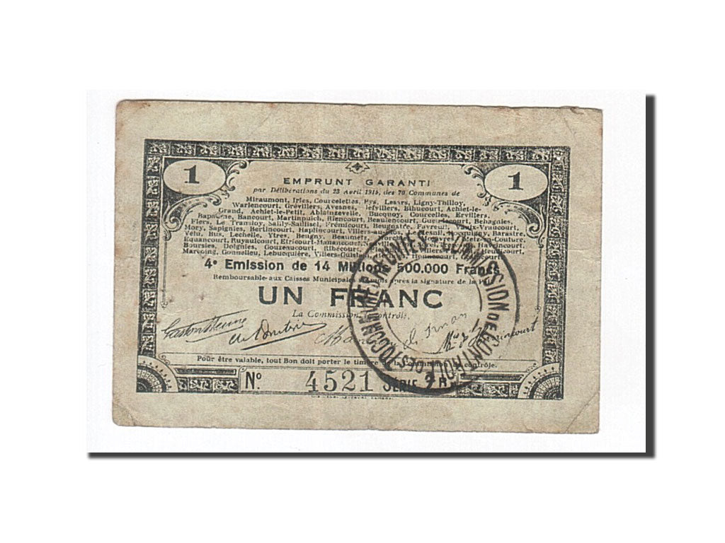 Banconote, Pirot:62-79, MB, 70 Communes, 1 Franc, 1915, Francia