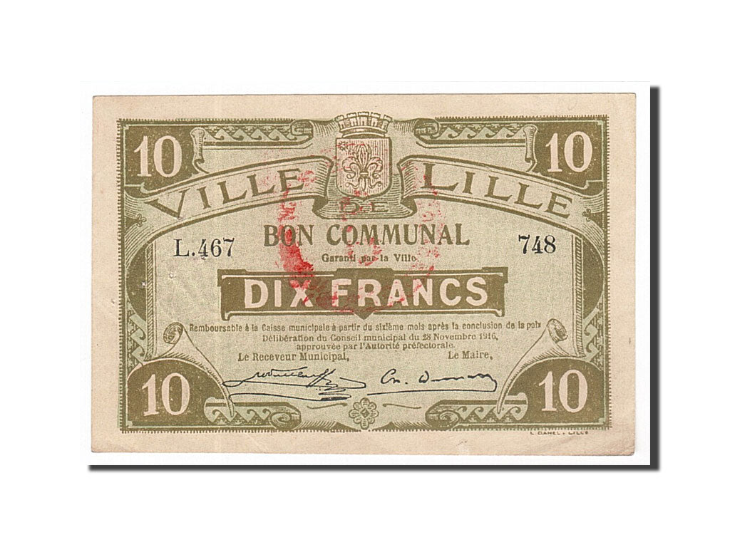 Banknote, Pirot:59-1609, 10 Francs, 1916, France, EF(40-45), Lille