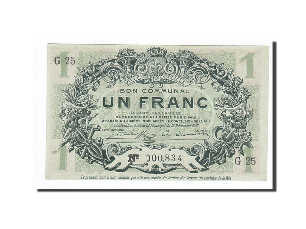 Banknote, Pirot:59-1636, 1 Franc, 1917, France, UNC(63), Lille