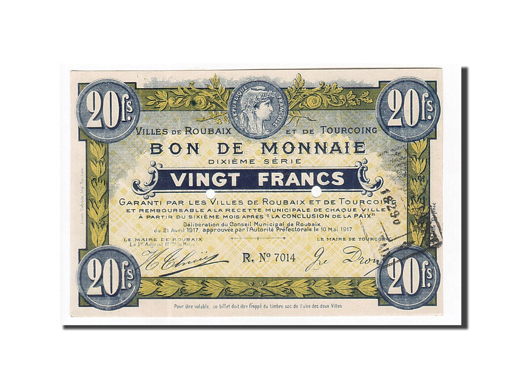 France, Roubaix et Tourcoing, 20 Francs, 1917, AU(55-58), Pirot:59-2153