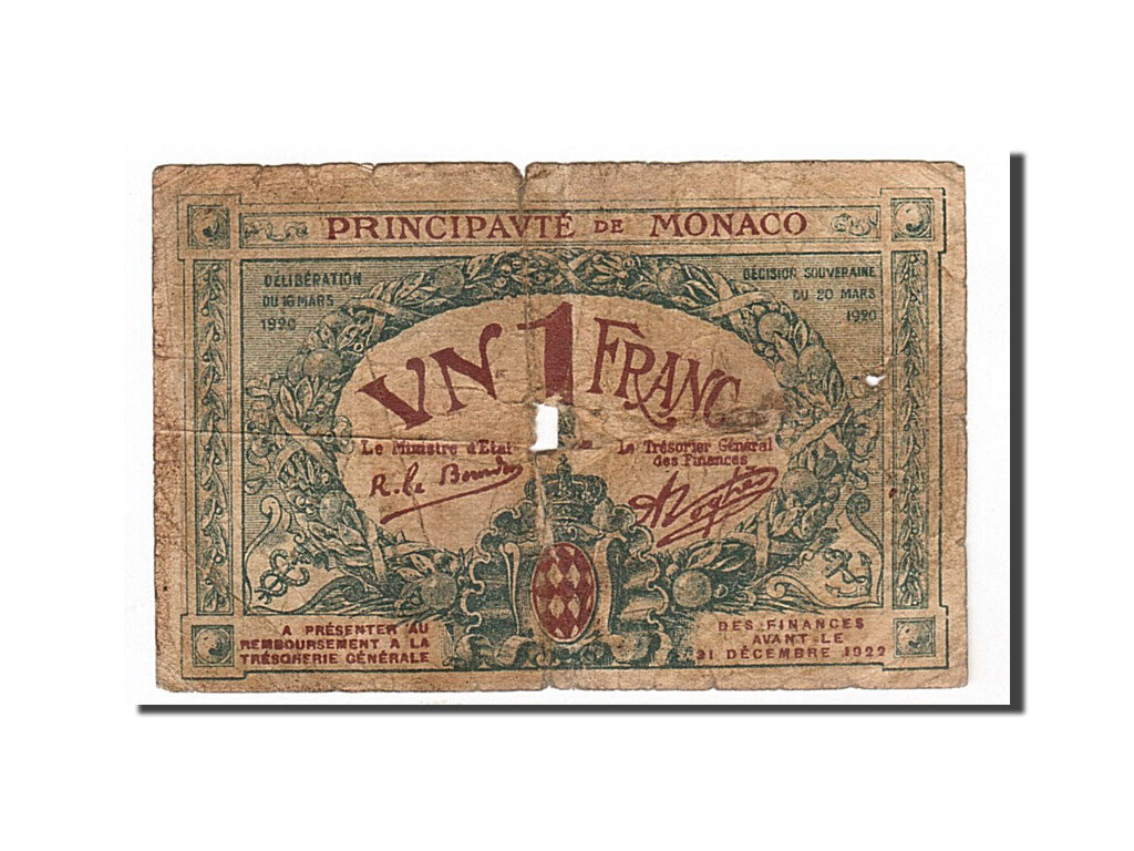 Monaco, 1 Franc, 1920, VG(8-10), Pirot 136-6