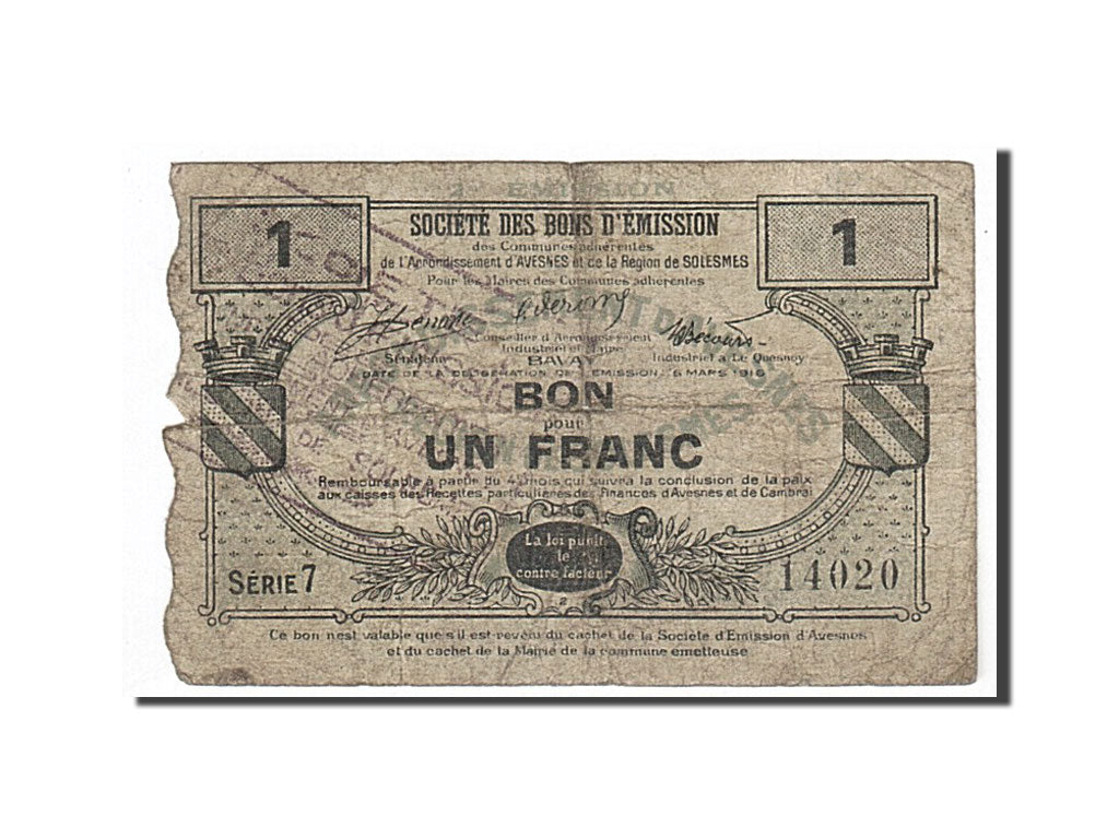 Geldschein, Frankreich, Avesnes, 1 Franc, 1916, SGE, Pirot:59-203