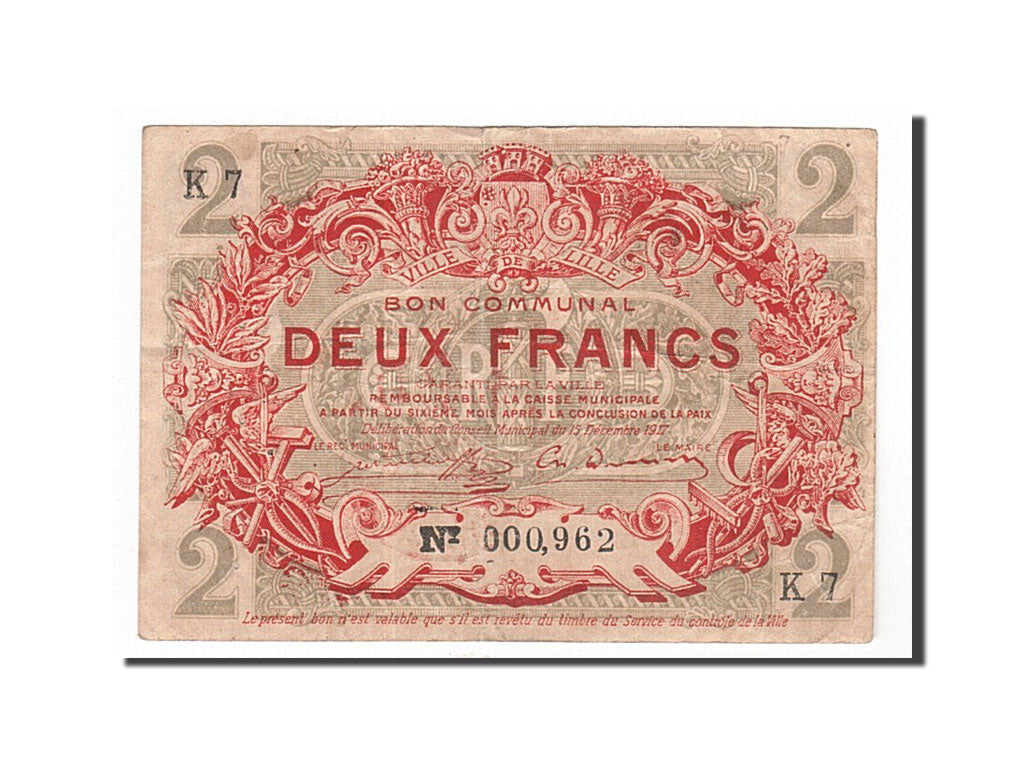 France, Lille, 2 Francs, 1917, EF(40-45), Pirot:59-1639