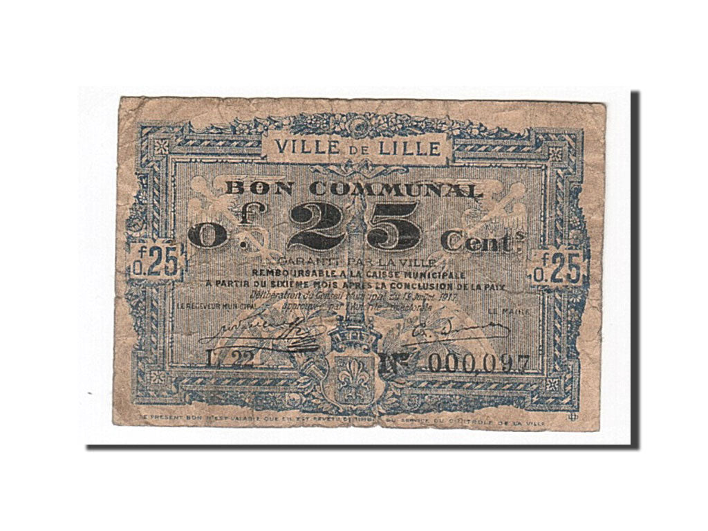 Banknote, Pirot:59-1621, 25 Centimes, 1917, France, VF(20-25), Lille