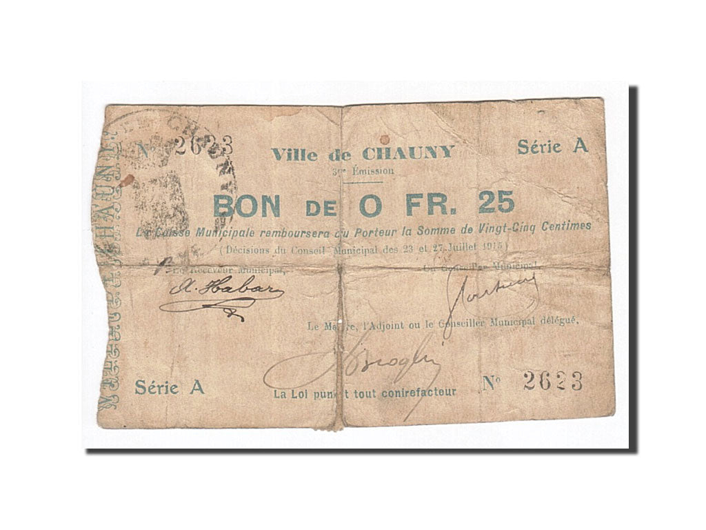 Banknote, Pirot:02-478, 25 Centimes, 1915, France, VG(8-10), Chauny