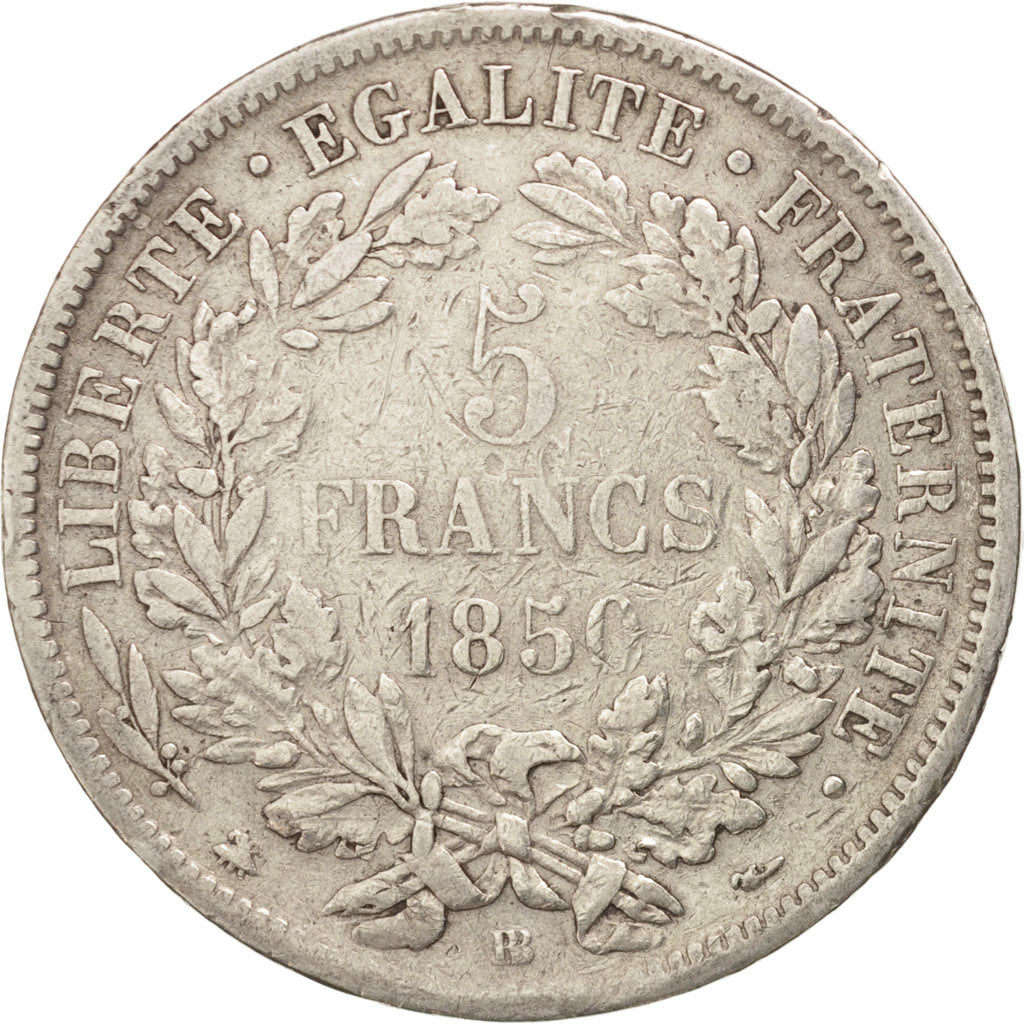 France, Cérès, 5 Francs, 1850, Strasbourg, VF(20-25), Silver, KM:761.2