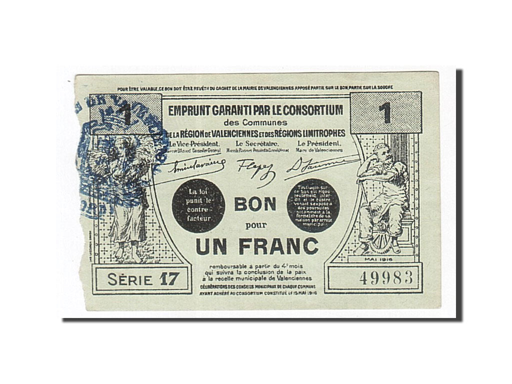 Banknot, Francja, Valenciennes, 1 Franc, 1916, UNC(60-62), Pirot:59-2565