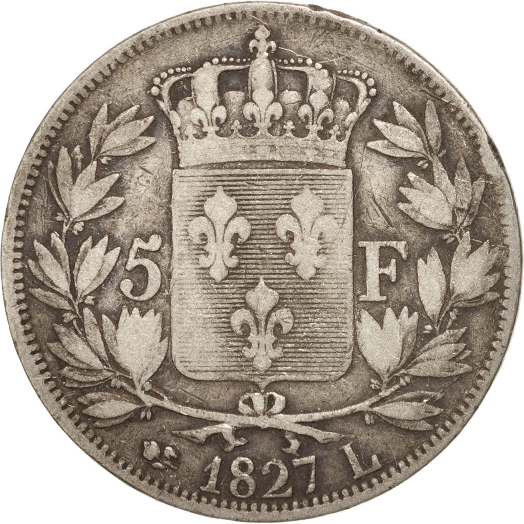 France, Charles X, 5 Francs, 1827, Bayonne, B+, Argent, KM:728.8, Gadoury:644