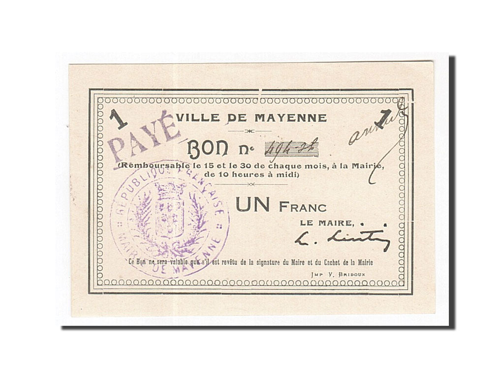 Banknote, Pirot:53-08, 1 Franc, France, UNC(63), Mayenne
