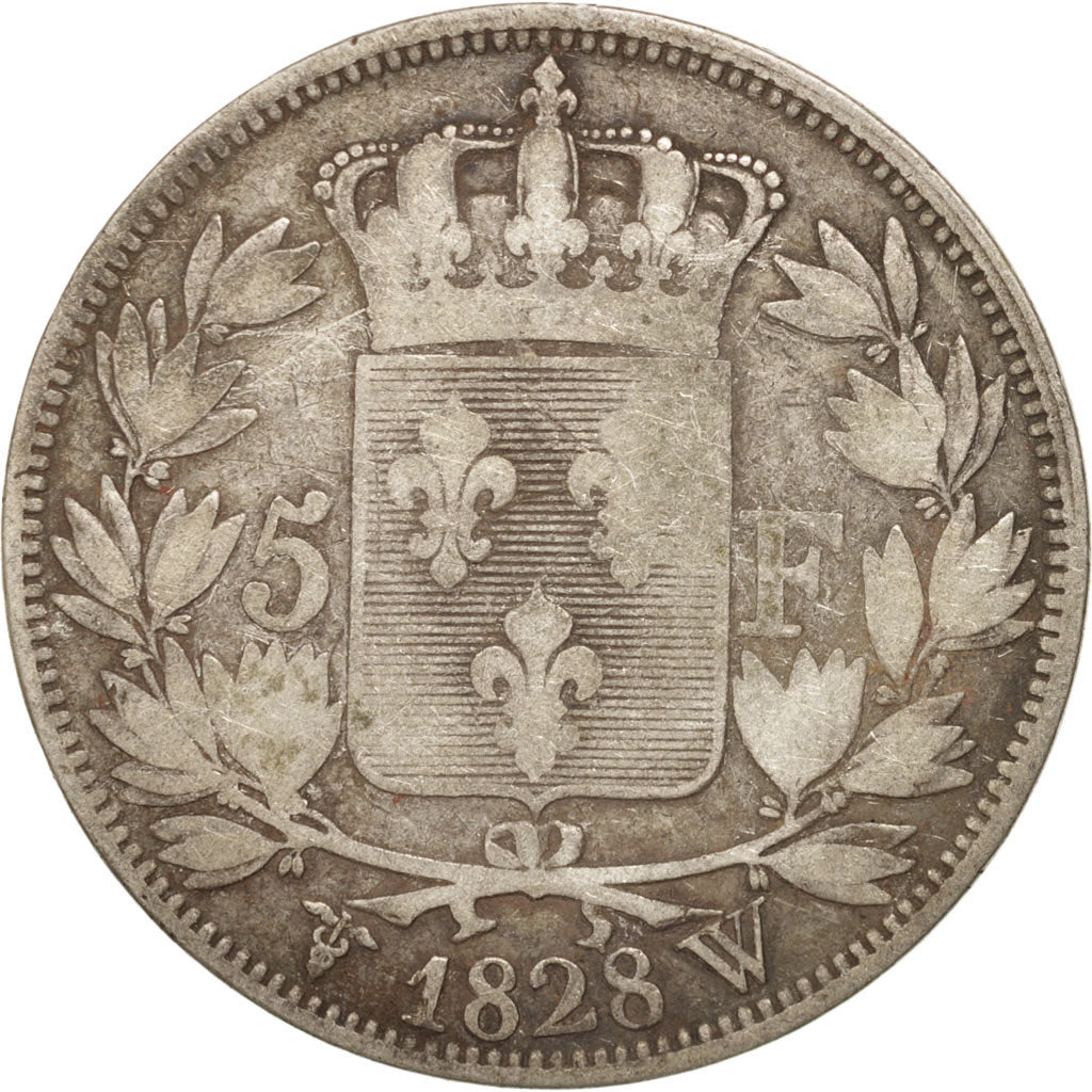 France, Charles X, 5 Francs, 1828, Lille, F(12-15), Silver, KM:728.13,Gadoury644
