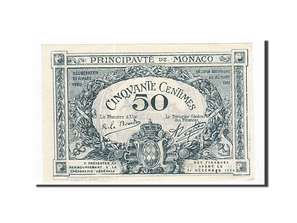 Monaco, 50 Centimes, 1920, 1920-03-20, AU(55-58), Pirot 136-3