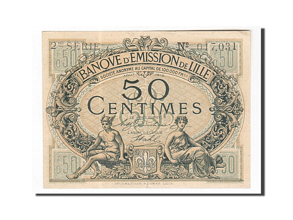 Banknote, Pirot:59-1599, 50 Centimes, 1915, France, AU(55-58), Lille