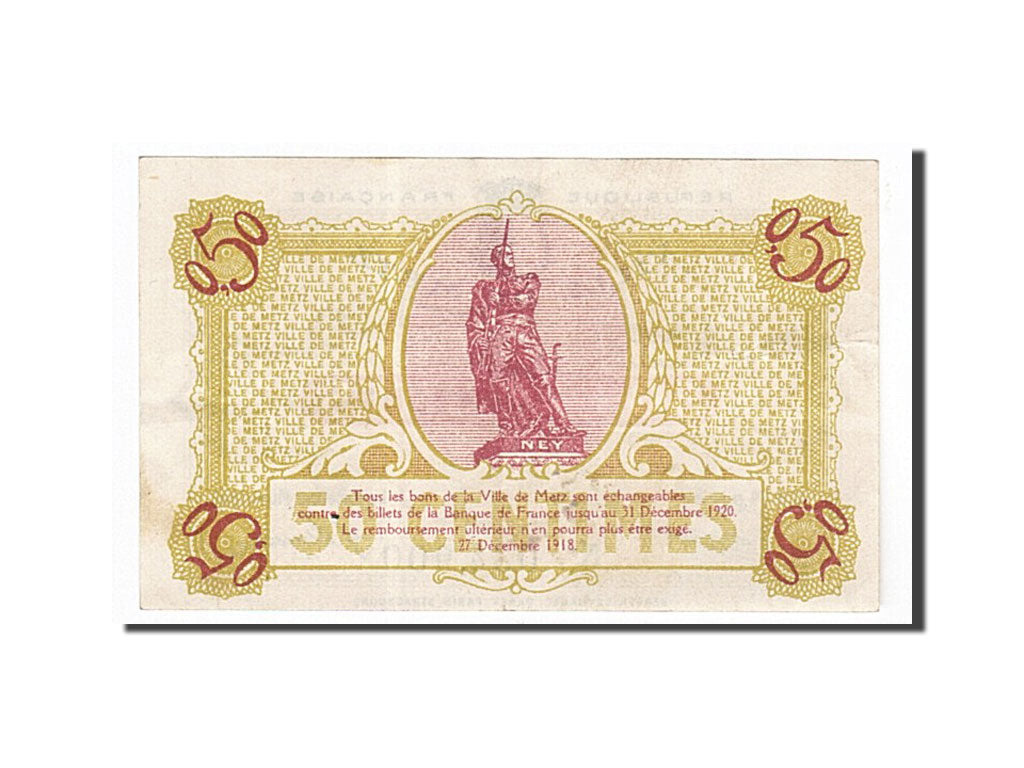 Banknote, Pirot:131-1, 50 Centimes, 1918, France, AU(55-58), Metz