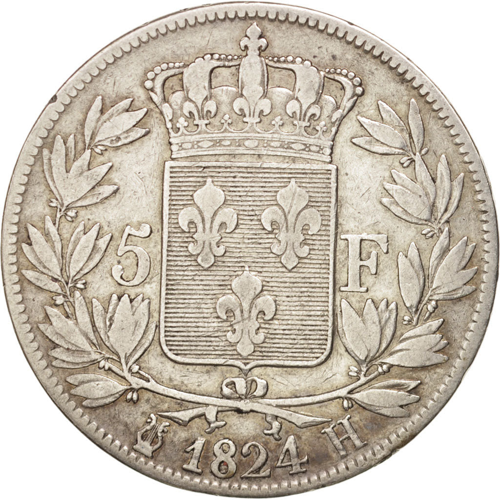 France, Louis XVIII, 5 Francs, 1824, La Rochelle, VF(20-25), Silver, KM:711.5