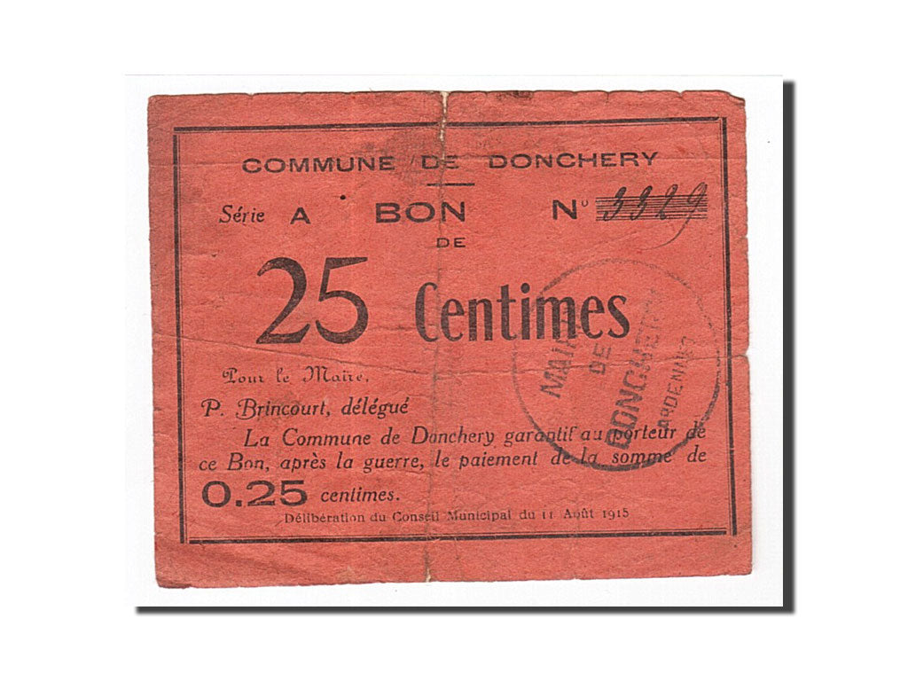 Biljet, Pirot:08-114, 25 Centimes, 1915, Frankrijk, B+, Donchery