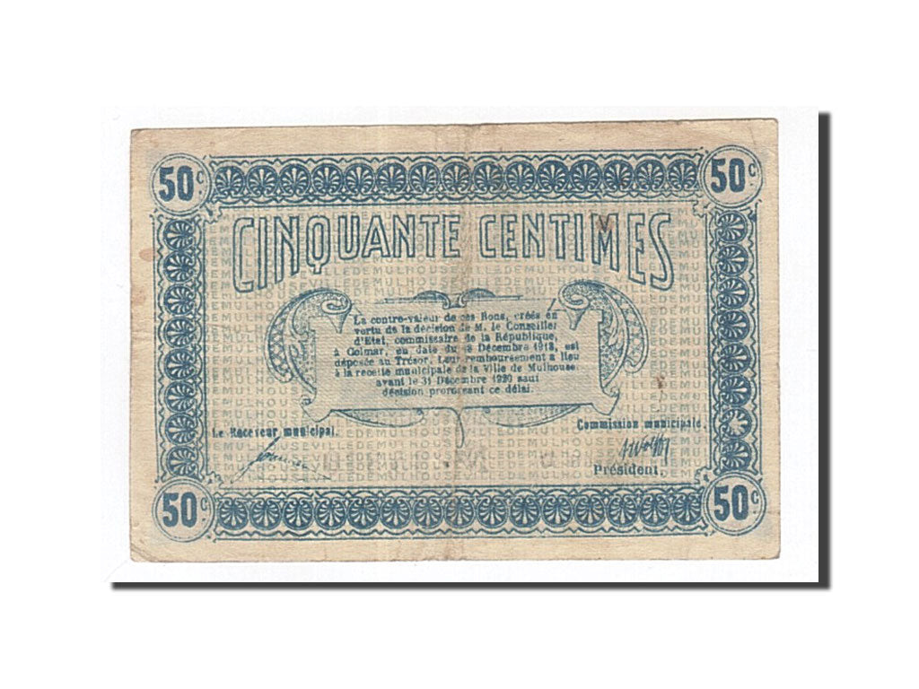 Banknote, Pirot:132-1, 50 Centimes, 1918, France, EF(40-45), Mulhouse
