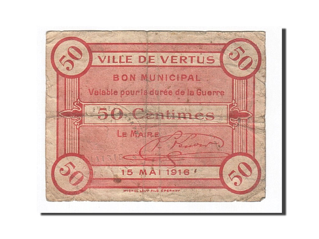 Banconote, Pirot:51-54, MB, Vertus, 50 Centimes, 1916, Francia
