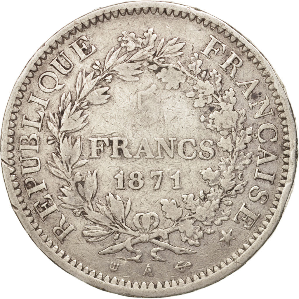 France, Hercule, 5 Francs, 1871, Paris, VF(20-25), Silver, KM:823, Gadoury:744