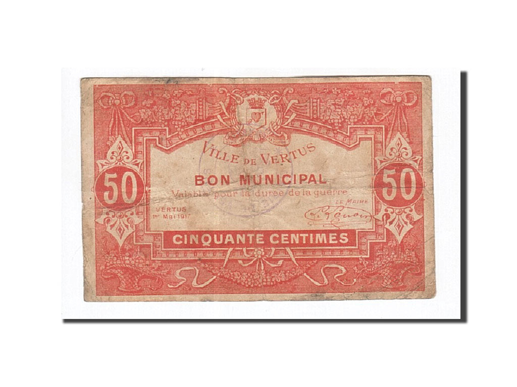 Banconote, Pirot:51-57, MB+, Vertus, 50 Centimes, 1917, Francia