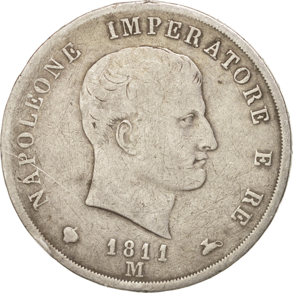 ITALIAN STATES, KINGDOM OF NAPOLEON, 5 Lire, 1811, Milan, VF(20-25), KM 10.4