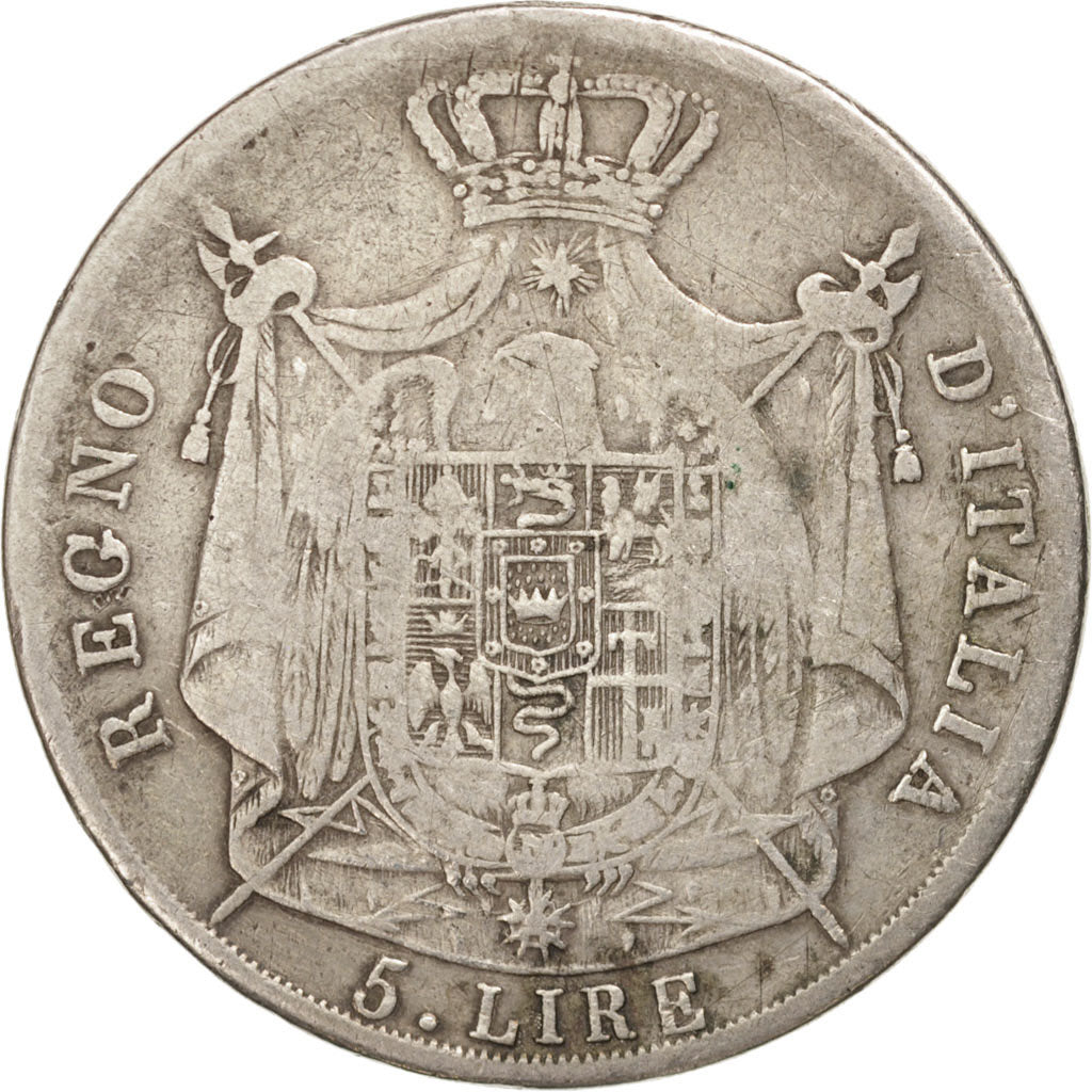 ITALIAN STATES, KINGDOM OF NAPOLEON, 5 Lire, 1811, Milan, VF(20-25), KM 10.4