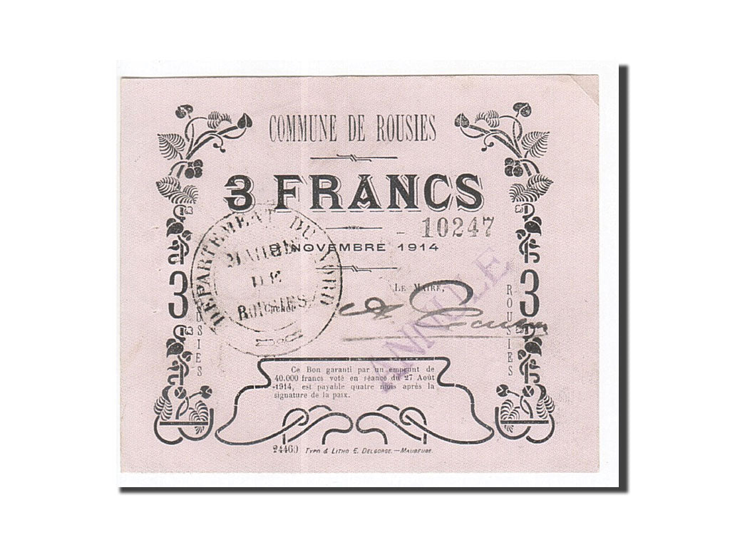 Banknote, 3 Francs, 1914, France, AU(50-53), Rousies