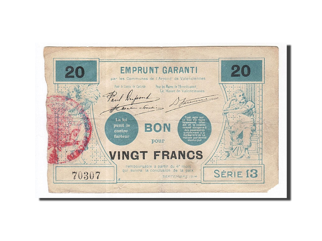 Billete, 20 Francs, Pirot:59-2547, 1914, Francia, BC, Valenciennes