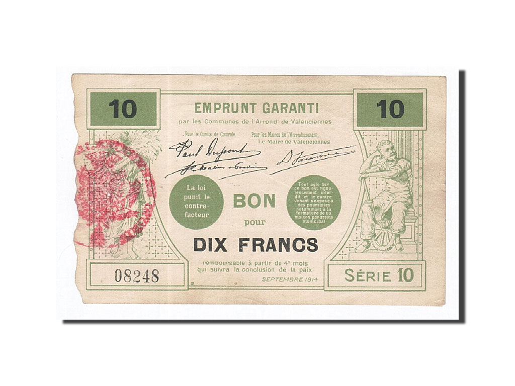 Banknot, Francja, Valenciennes, 10 Francs, 1914, EF(40-45), Pirot:59-2546